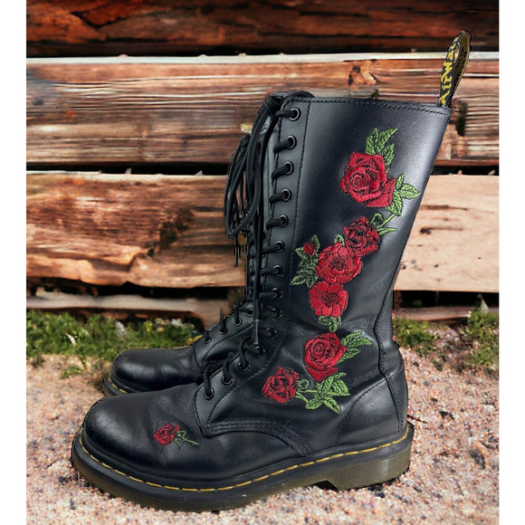 Dr. Martens Shoes - *Flawed Doc Dr. Marten 1914 Vonda Leather Lace up Embroidered Rose Boots US 10